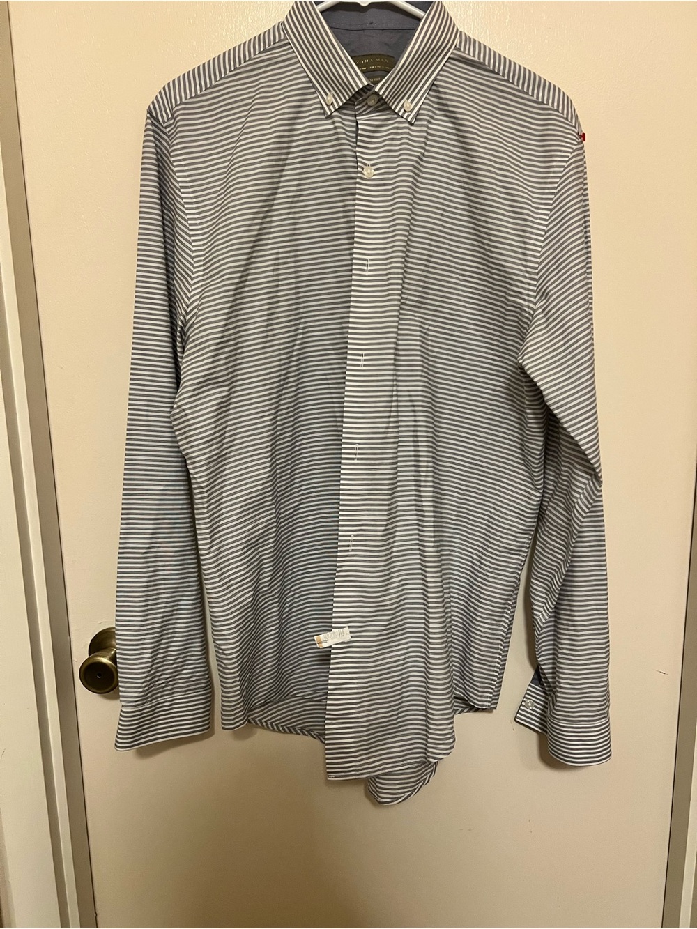 Zara Men's White and Blue Striped Button-Down Shirt Slim Fit Sz XL